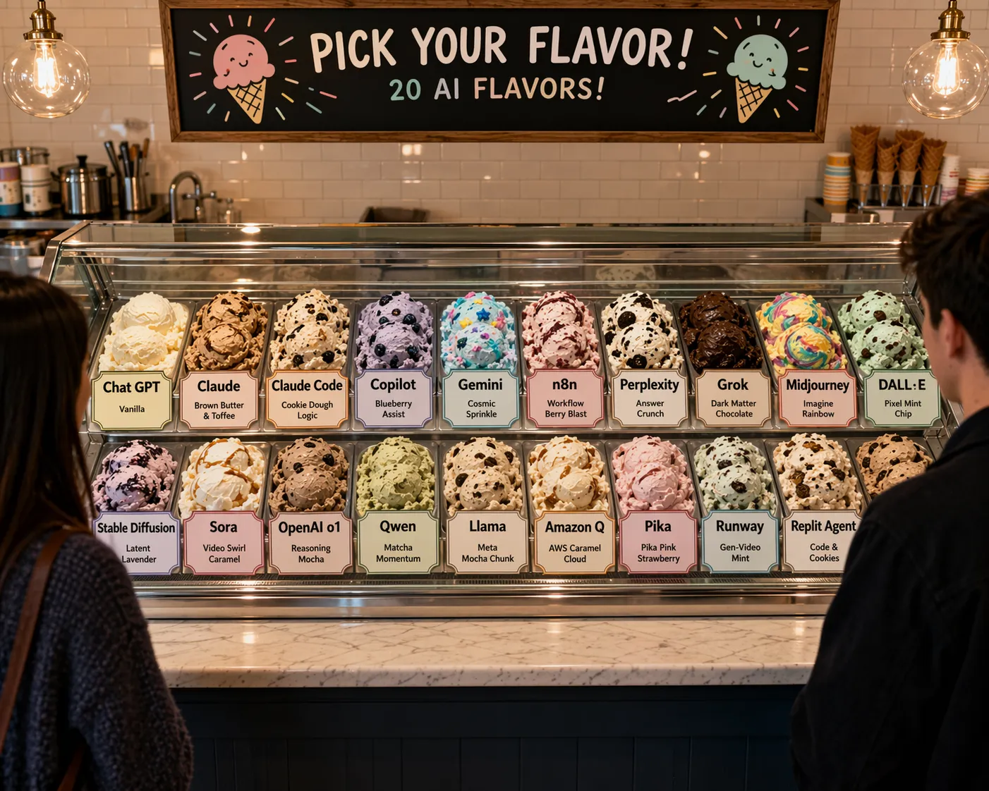 Baskin-Robbins-style scoops in the colors of different AI tools
