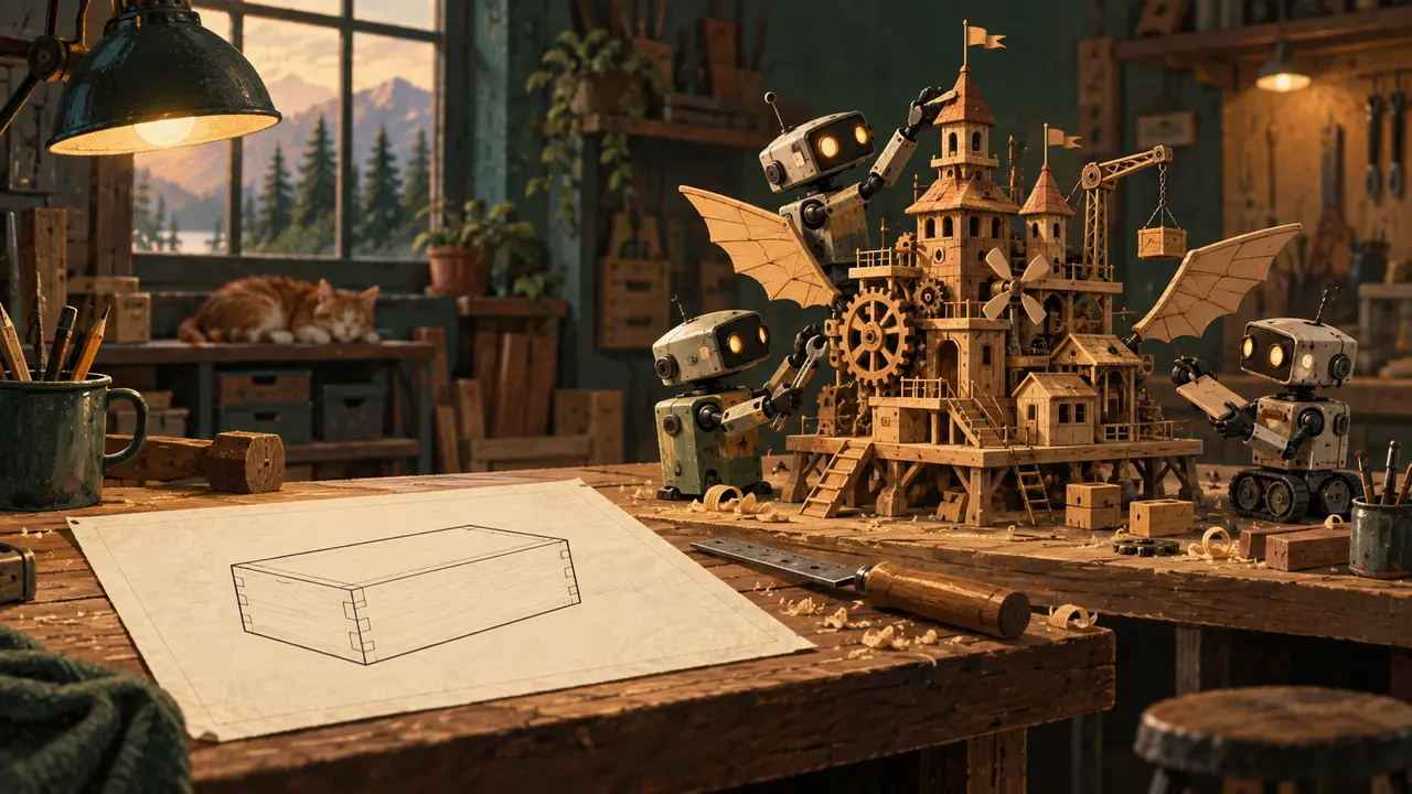 Robot builders assemble an elaborate wooden castle beside a blueprint for a simple box.